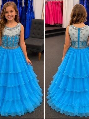 Rachel Allan Blue Jeweled Bodice Tiered Tulle Gown